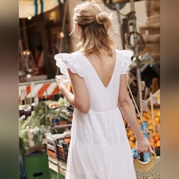 BODEN Broderie Mix Jersey Maxi Dress US 14 White Tiered Frill Sleeve V-Neck - Picture 2 of 14